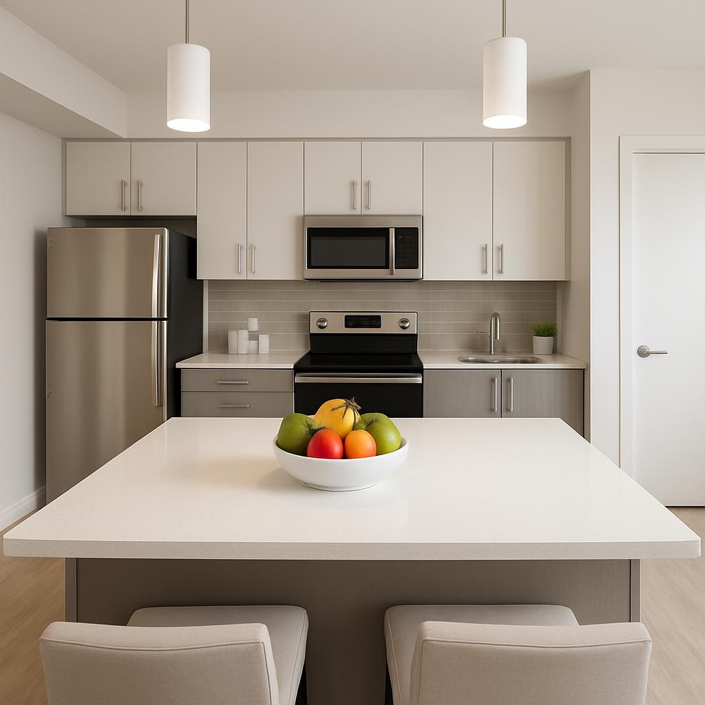 A modern, well-lit kitchen featuring white and grey cabinets and countertops, a stainless steel refrigerator, oven and mic...